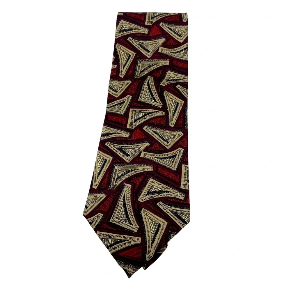 Calvin Klein Burgundy, Black and Tan Abstract Design Necktie.